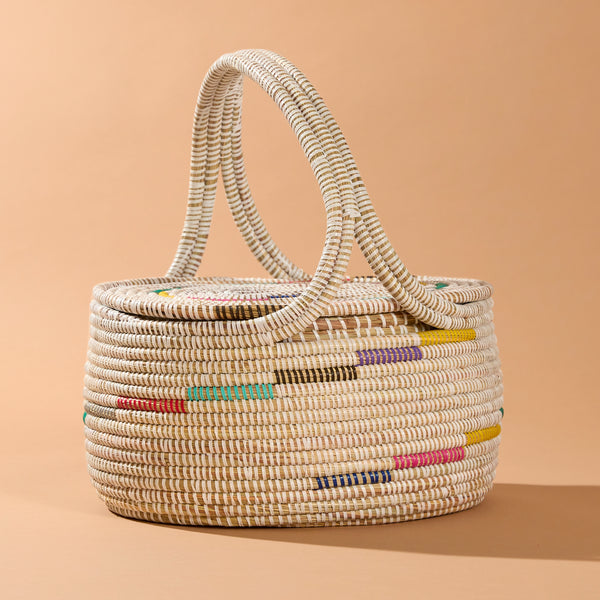 12日迄　PaleJuteweekend basketLILYLABポーチセット Binta Lidded Storage Basket – Handwoven African Picnic Basket