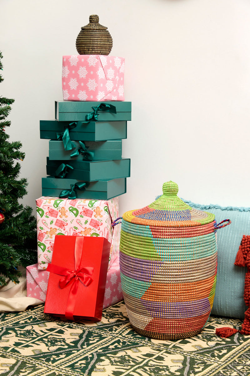 Woven Taya Storage Basket in Natural and Bright Tones – Handmade in Senegal