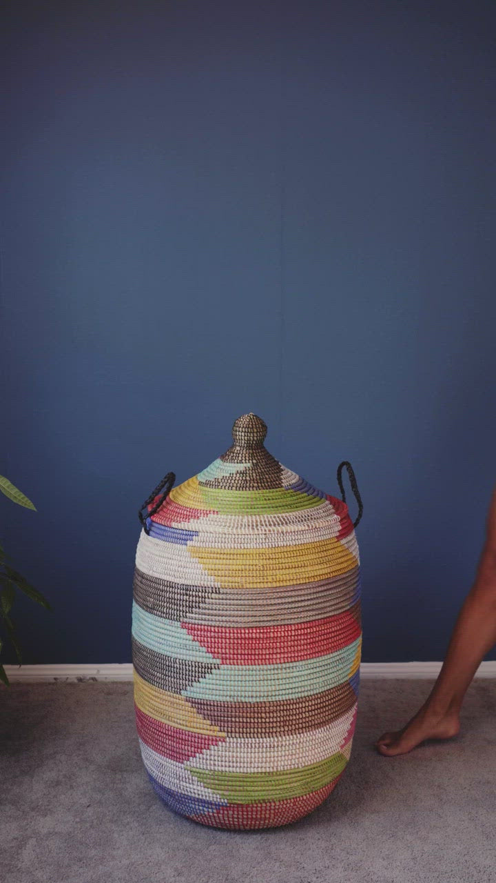 Woven Taya Storage Basket in Natural and Bright Tones – Handmade in Senegal
