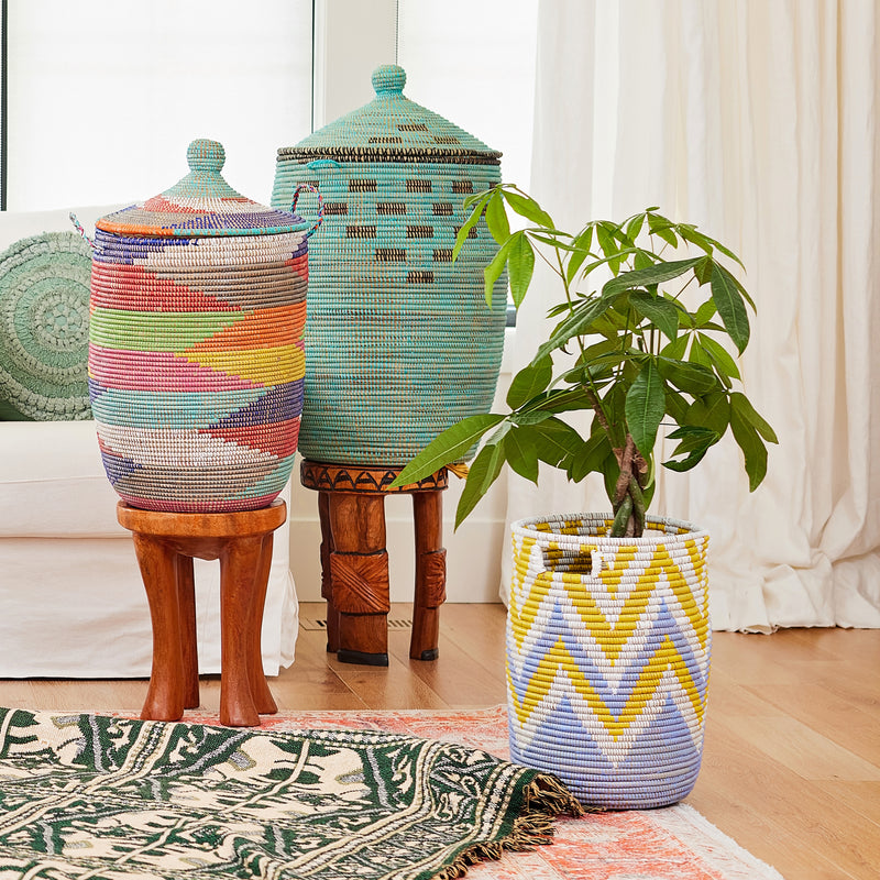 Woven Taya Storage Basket in Natural and Bright Tones – Handmade in Senegal